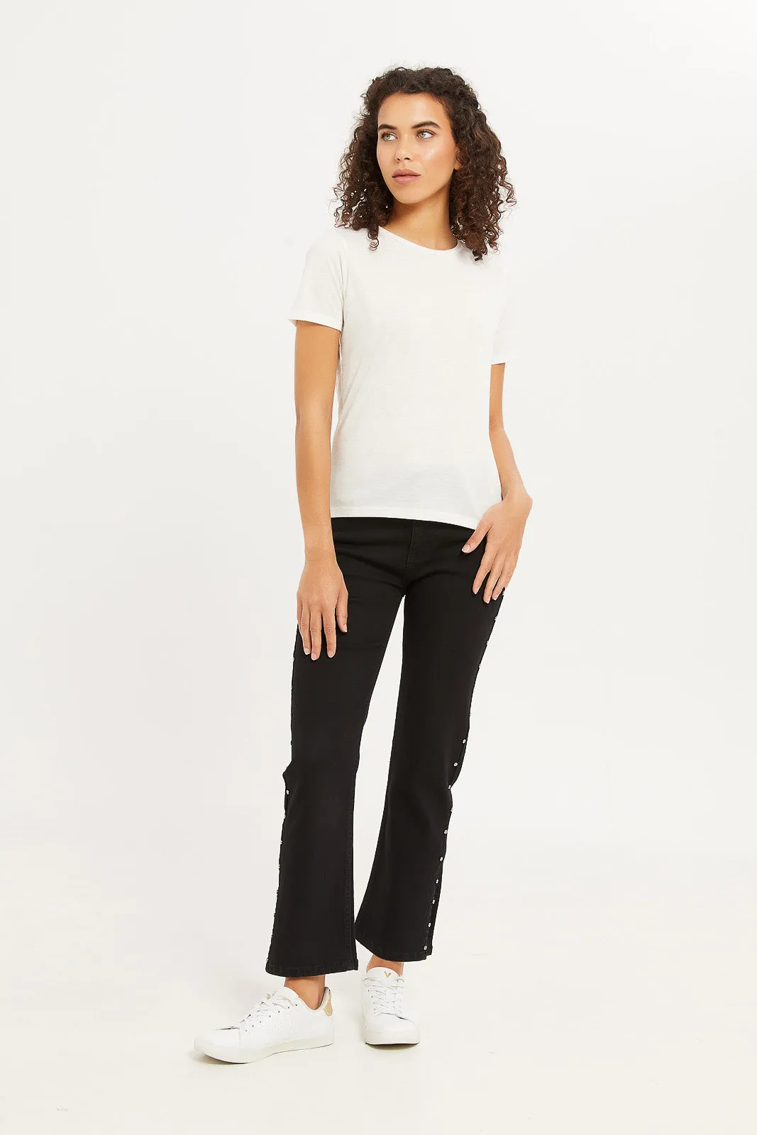 Women White Solid Metallic T-Shirt
