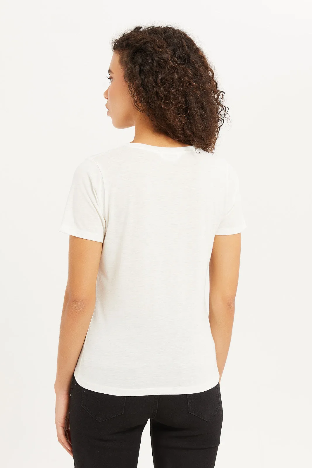 Women White Solid Metallic T-Shirt
