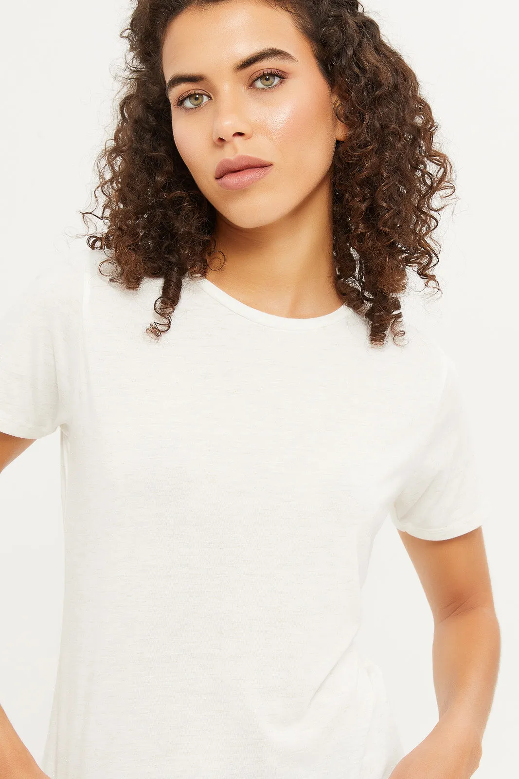 Women White Solid Metallic T-Shirt
