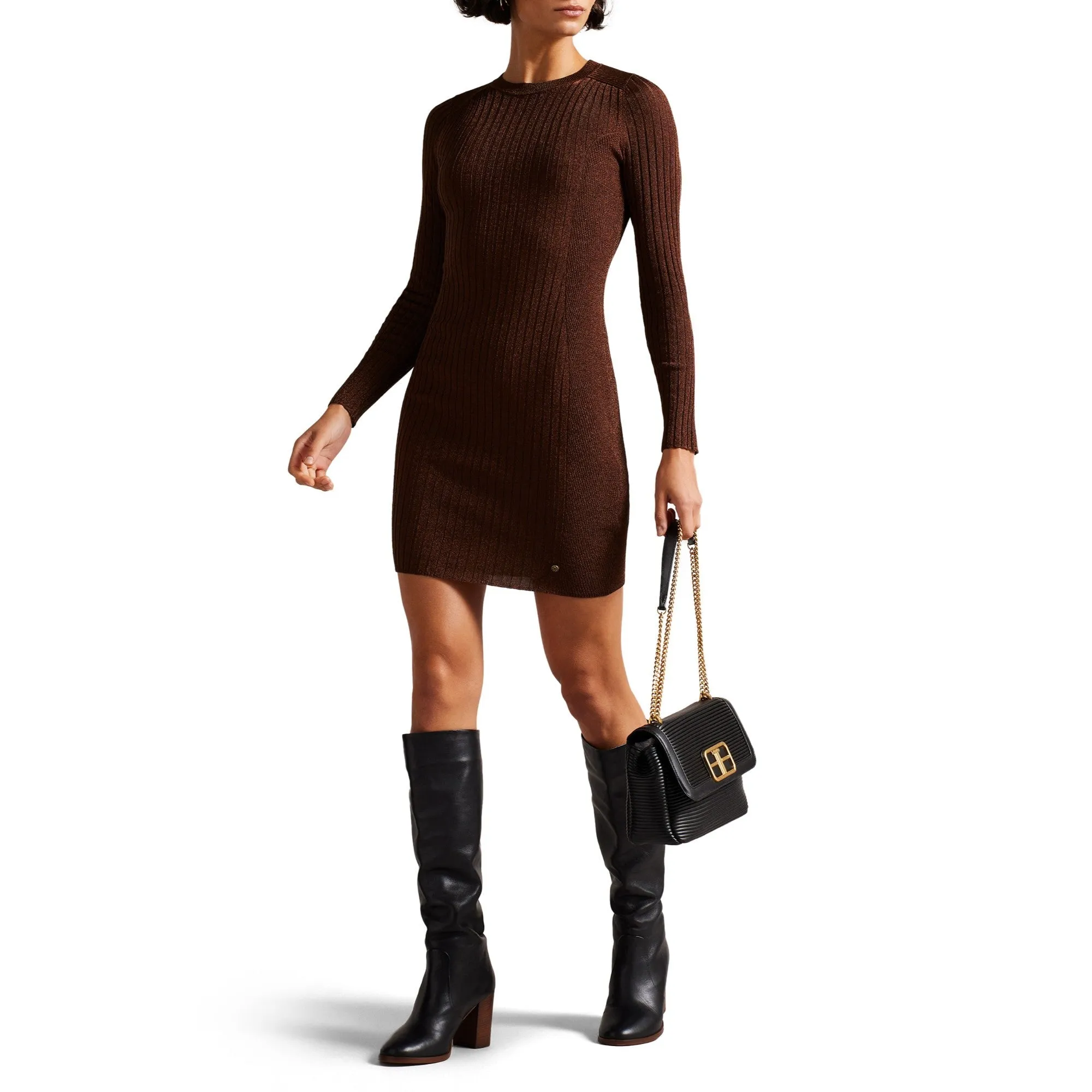 Women Wmd-Nichola-Metallic Bodycon Knit Dress - Camel