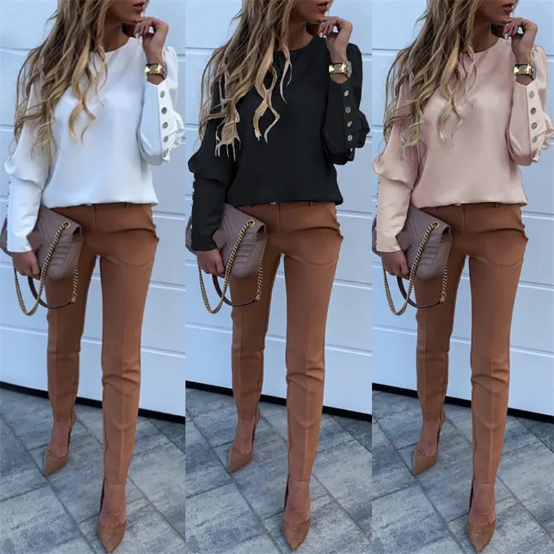 Women's Crewneck Metallic Button Long Sleeve Loose Blouse