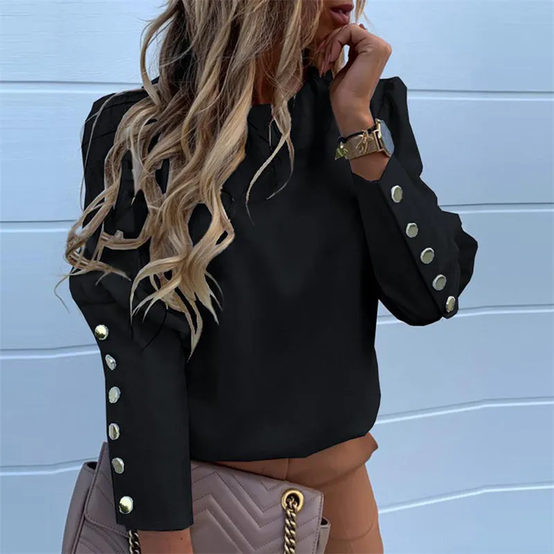 Women's Crewneck Metallic Button Long Sleeve Loose Blouse