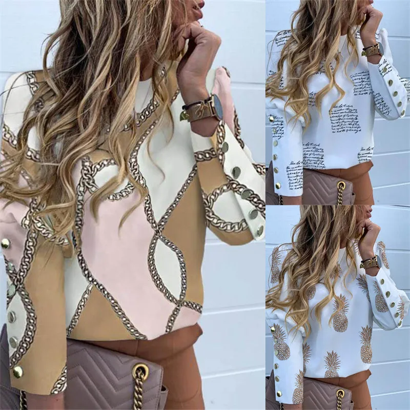 Women's Crewneck Metallic Button Long Sleeve Loose Blouse