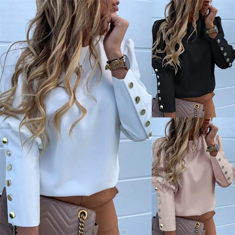 Women's Crewneck Metallic Button Long Sleeve Loose Blouse