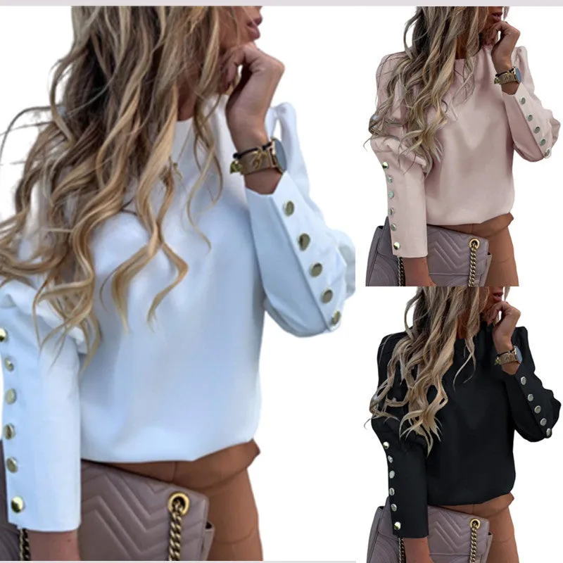 Women's Crewneck Metallic Button Long Sleeve Loose Blouse