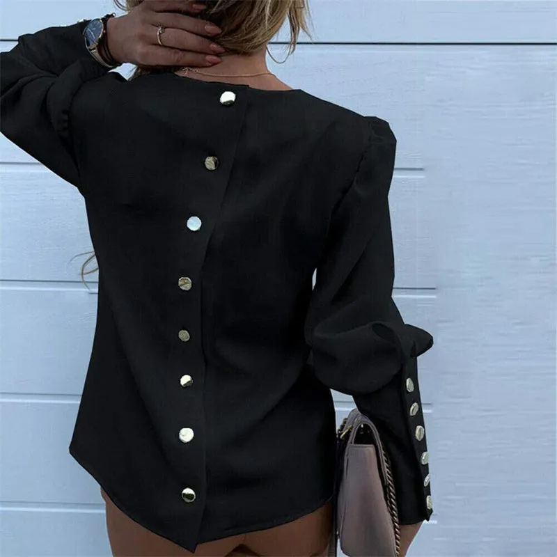 Women's Crewneck Metallic Button Long Sleeve Loose Blouse