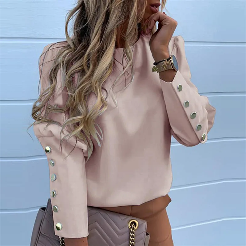 Women's Crewneck Metallic Button Long Sleeve Loose Blouse