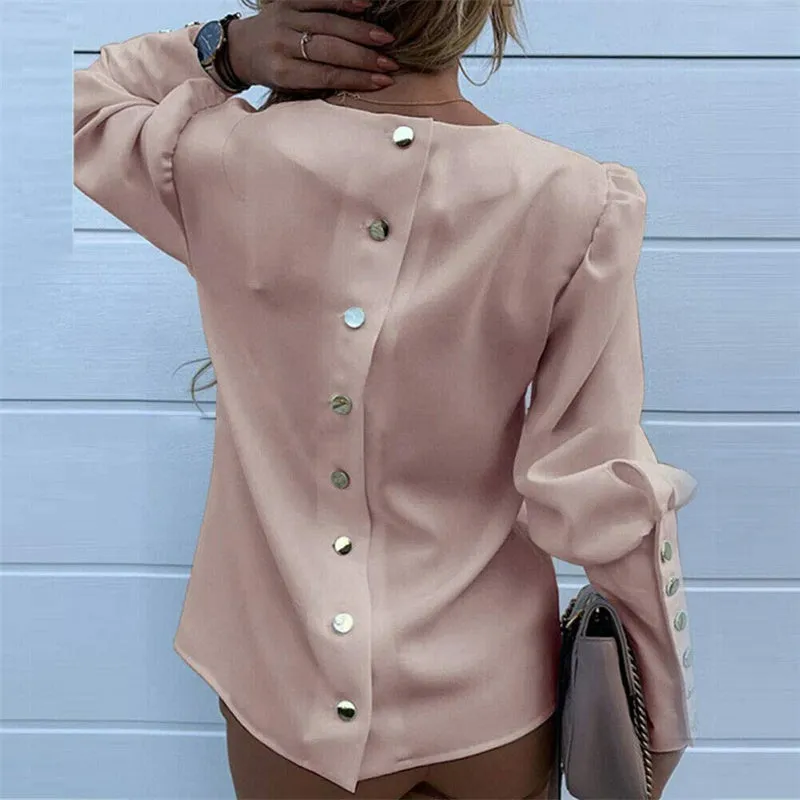 Women's Crewneck Metallic Button Long Sleeve Loose Blouse