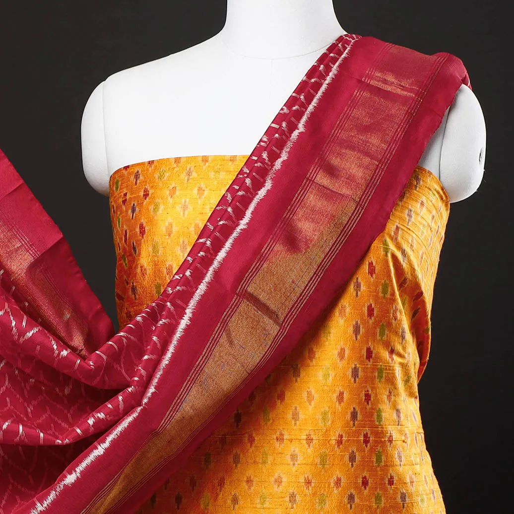Yellow - 2pc Pochampally Ikat Weave Handloom Pure Raw Mulberry Silk Suit Material Set