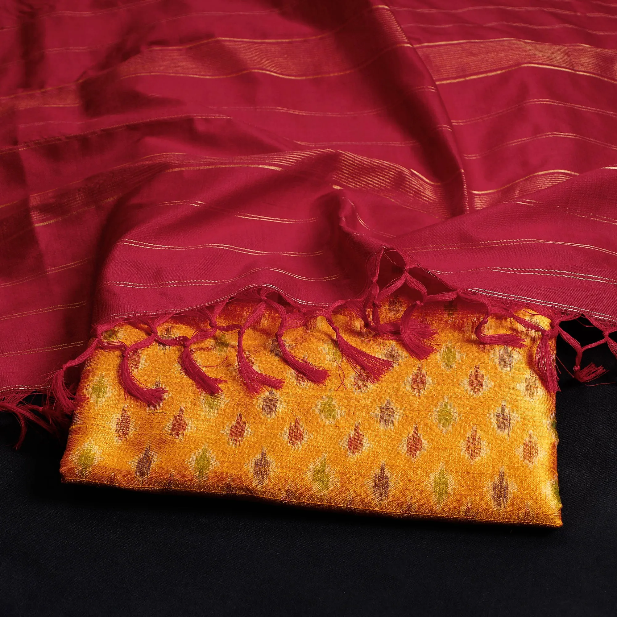 Yellow - 2pc Pochampally Ikat Weave Handloom Pure Raw Mulberry Silk Suit Material Set